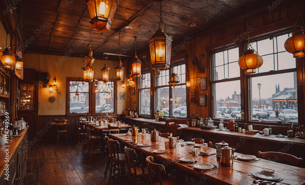 Poster restaurant with a long table and many chairs. the table is covered with plates and silverware