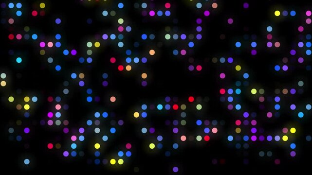 Quantum dots. Colorful twinkling circles. Bright vivid flickering dots. Colorful blinking circles.
Dots of various colors fading in and out against black background. 3d animation rendering