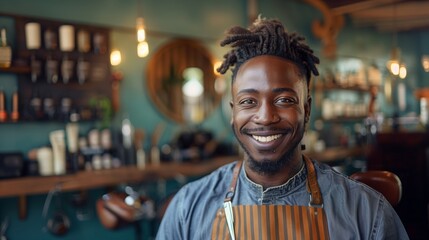 Smiling African American barber with stylish locs and apron, standing confidently in a vibrant barbershop filled with tools and warm lighting.