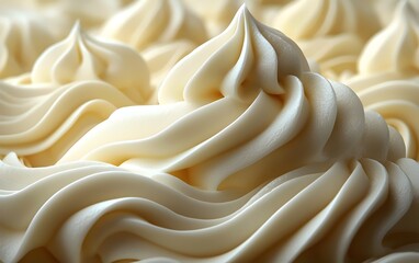 Obraz premium Close-up of creamy whipped frosting with perfectly shaped peaks, showcasing a rich, smooth texture and a light beige color that adds elegance to any dessert.