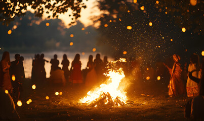 People dancing around a Bonfire wearing traditional clothes. festival of lohri or Holi or Holika Dahan celebration concept.	
