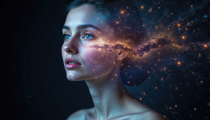 A woman's face seamlessly blends with a cosmic nebula  creating a surreal and ethereal image.