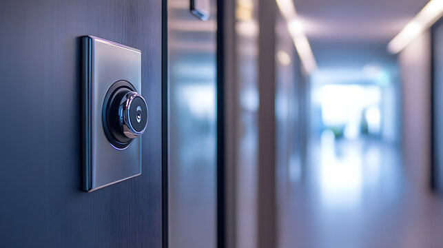 Modern doorbell home house, welcoming entrance button ring, secure wall push visitor, vigilant press technology door, protective access system.