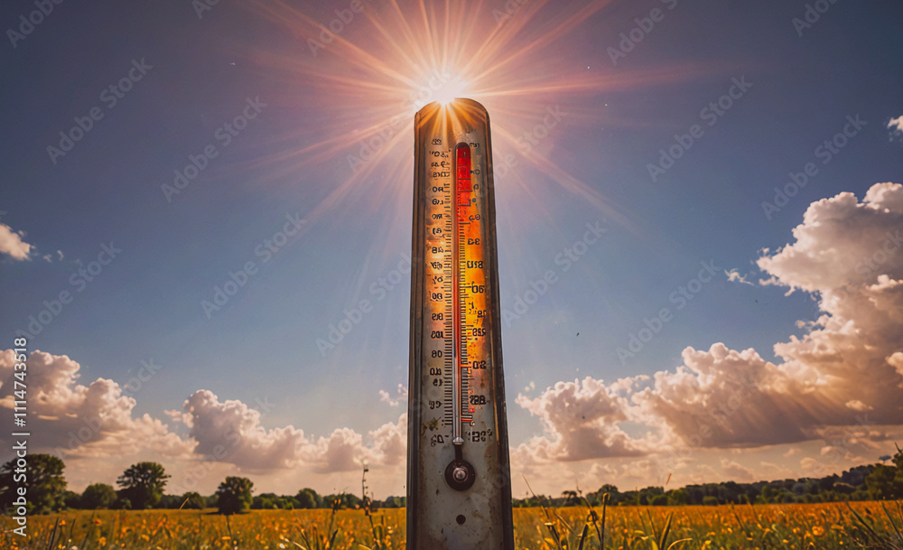 Poster Thermometer is in the sun and the temperature is high. The thermometer is showing a temperature of 100 degrees