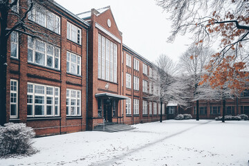 Snow-covered school building surrounded by trees during winter, highlighting architectural details and serene seasonal atmosphere.
