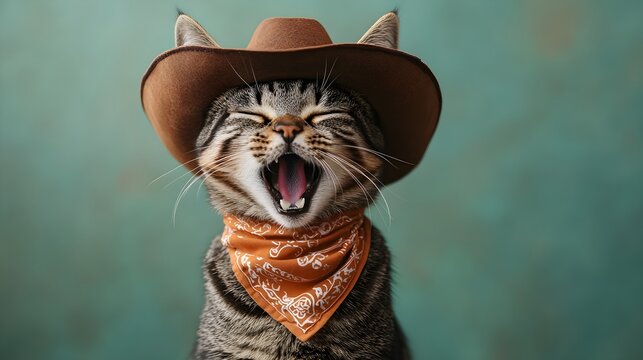 Cat wearing a cowboy hat and bandana, yawning against a muted green background This playful concept captures the quirky charm of pets in costume Perfect for creative projects


