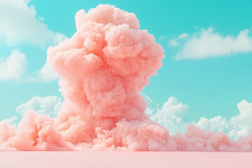 Vibrant pink cloud formation contrasts against a bright blue sky with fluffy white clouds