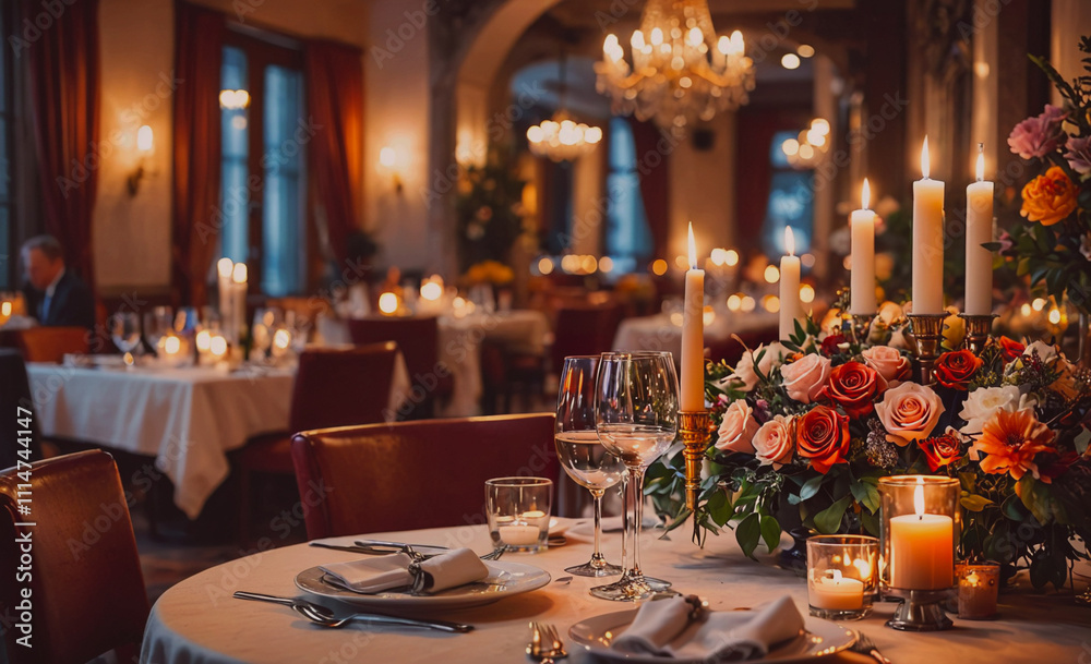 Poster table with a vase of flowers and candles, and a man sitting at the table. there are also wine glasse