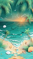 Breathtaking tropical paradise scene featuring a stunning sunset over the ocean surrounded by lush palm trees and a serene sandy beach with seashells and crashing waves  This idyllic