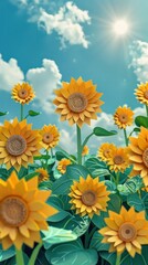 Obraz premium Vibrant sunflower field in full bloom under a bright clear summer sky with wispy clouds and warm sunshine illuminating the lush green foliage and vibrant yellow petals Picturesque rural landscape