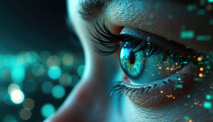 Cityscape reflection in woman's eye symbolizes technology's impact.