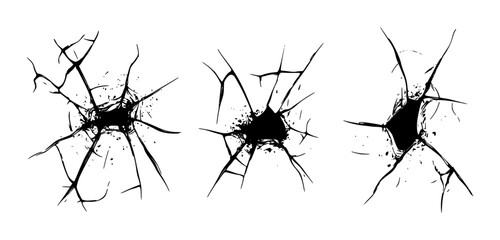 Holes in broken glass with jagged edges and detailed shards. Bullet hole in shattered glass with cracks. Black and white outline design for digital effects or warning visuals. Vector illustration.