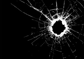 Bullet hole with radiating cracks radiating outwards against black background. Hole in shattered glass with cracks. Glass surface broken. Effect for gaming or warning visuals. Vector image..