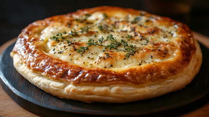 Savory cheese pie closeup, tempting delicious tasty pastry, satisfying lunch crust baked, wholesome homemade food, gourmet traditional fresh.