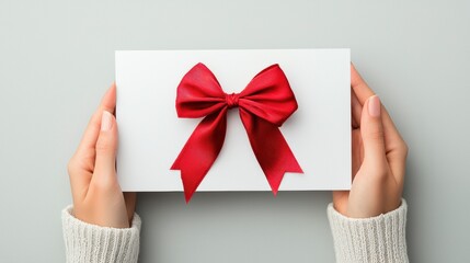 Obraz premium Elegant Gift Presentation with Red Bow on a Simple Background