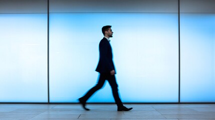 A profile portrait of a man walking in a contemporary minimalist office. 