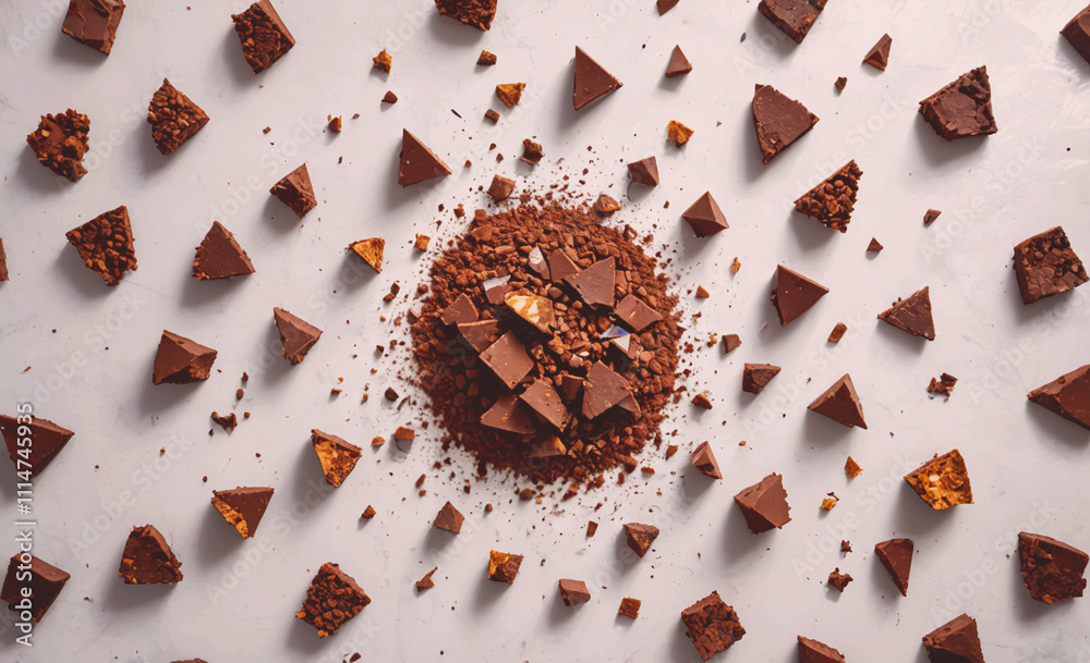 Poster mound of chocolate chips and broken pieces of chocolate is spread out on a white surface. the chocol