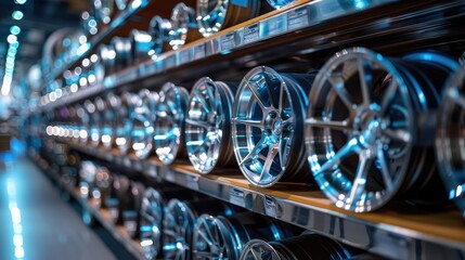 Fototapeta premium Rows of shiny alloy wheels on shelves in a store.