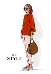 Hand drawn fashion woman in red sweater. Stylish outfit. Beautiful young woman in sunglasses. Fashion illustration 