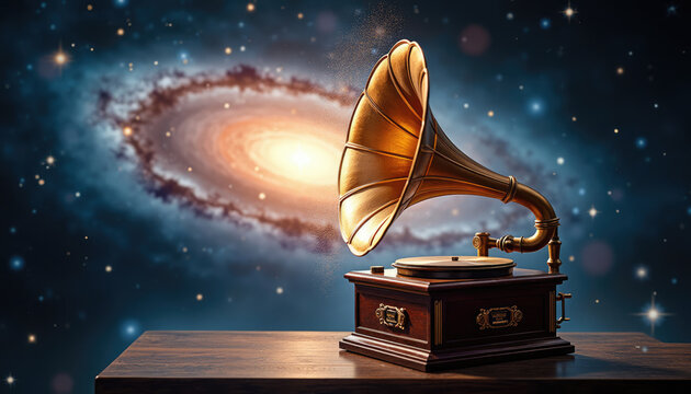 Antique gramophone plays cosmic music in swirling galaxy backdrop.