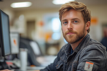 Obraz premium Young man with beard working at a computer in a modern office setting during daytime