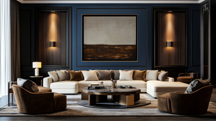 "A dark room with accent details, featuring a beige ivory large sofa and  armchairs. The deep color painted wall serves as a backdrop for artwork. This trendy, modern, minimalist living room