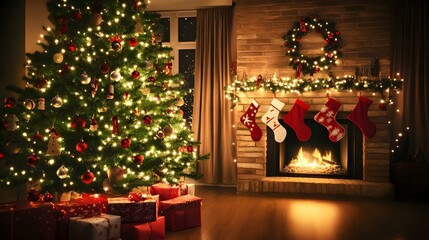 Merry Christmas stone podium mock up background. Winter empty pedestal, front view. Christmas tree with Illumination and fireplace