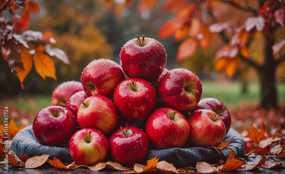 Aufkleber Pile of apples on a table. The apples are red and shiny. There are many apples in the pile