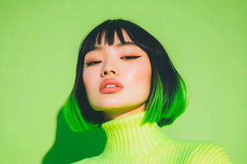 Asian woman with bright grape green hair on a lime green background
