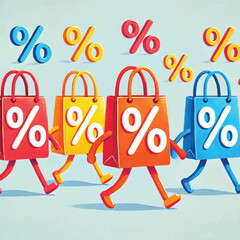 Colorful Animated Shopping Bags with Discounts - Festive Sale Illustration