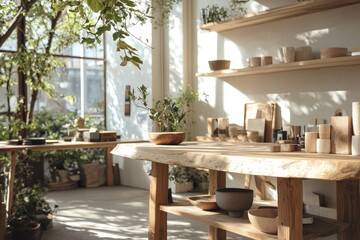 Fototapeta premium Serene Interior with Natural Light: A Cozy Space Featuring Wooden Furniture, Plants, and Contemporary Decor for a Relaxing Atmosphere in Home or Studio
