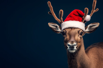 Cute happy reindeer wearing red Christmas Santa Claus's hat on festive dark blue background.