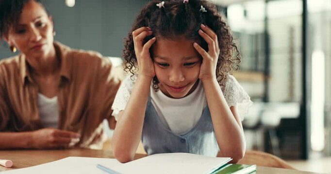 Mom, stress and daughter with learning difficulty, lazy or ADHD for homework, education or anxiety at home. Mother, kid or homeschooling child with academic challenges, dyslexia or mental disorder