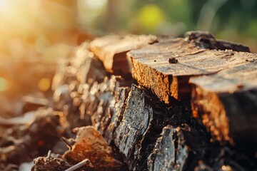 Fototapeta premium Close-Up of Weathered Wooden Logs with Sunlight Glimmering on Surface in Natural Outdoor Setting, Evoking Tranquility and Connection to Nature