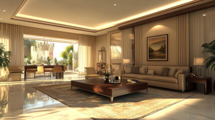 Fototapeta premium a 3D render of a modern living room featuring an elegant neutral color palette, 