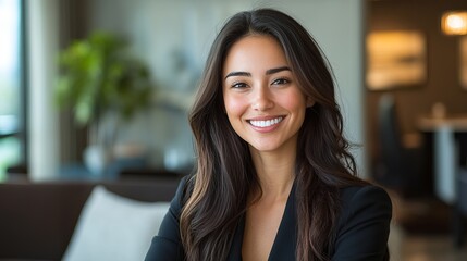 Obraz premium Smiling Professional Woman in Modern Office Environment with Laptop and Workspace