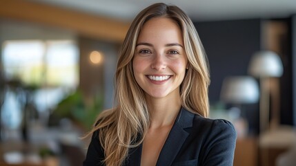 Fototapeta premium Smiling Professional Woman in Modern Office Environment with Laptop and Workspace