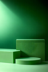 High-quality stock photo perfect for exhibiting products or branding objectives, three different-sized green podiums are positioned in a composition against a minimalist green background.