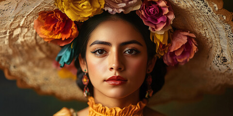 Naklejka premium A person in traditional Mexican costume celebrating the vibrant culture and traditions of Mexico, featuring colorful attire, festive energy, and a joyous atmosphere.