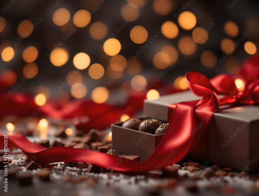 Poster assorted chocolates with red ribbon for valentine's day