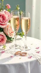 Illustration of intertwined wedding rings and champagne glasses, pastel tones, floral details