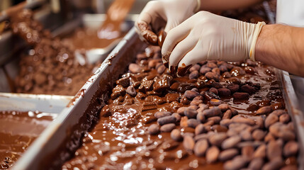 Conveyor with chocolate. A confectioner at a factory participates in the preparation of chocolate.