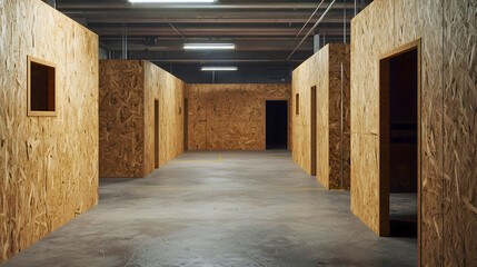 An airsoft field in a classic indoor setting, built from compressed wood panels with numerous openings and cover positions, a field for the popular game of airsoft.