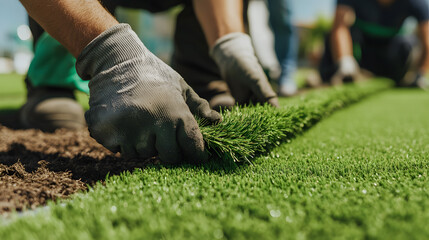 Person Installing Synthetic Artificial Grass in a Garden - Modern Landscaping Solution for a Perfect Green Lawn