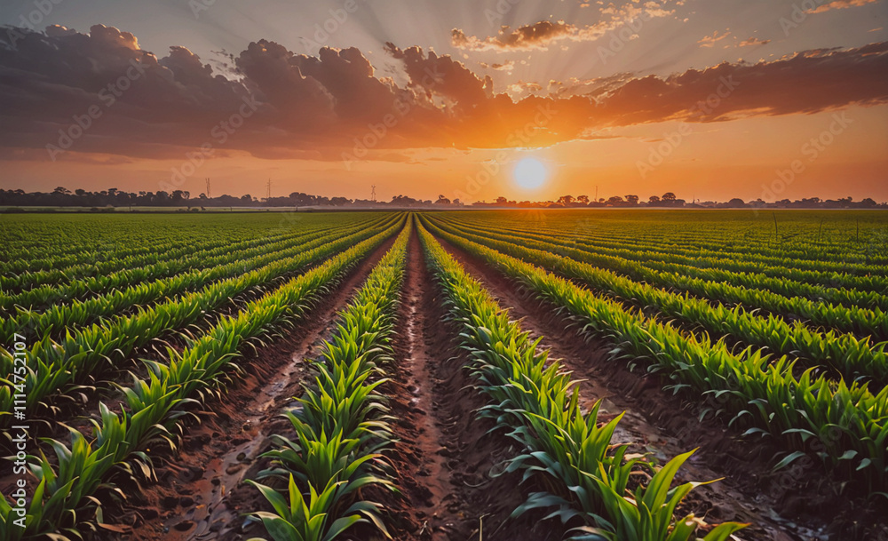 Poster field of corn with a sunset in the background. the sun is setting behind the corn. the sky is cloudy