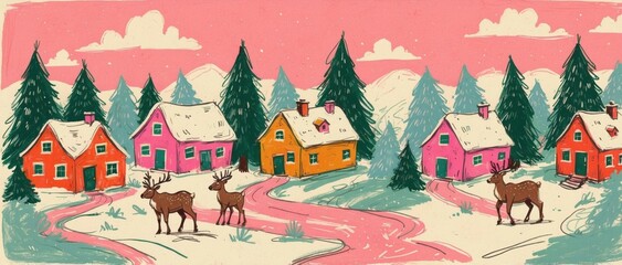 Snowy Christmas Village – Naïve Modern Holiday Illustration