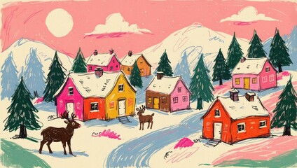 Colorful Naïve Christmas Village – Whimsical Holiday Art