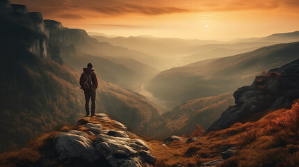 Fototapeta premium A bird's eye view of the mountains with a lone traveler.