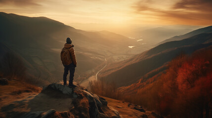 Fototapeta premium Sunset in the mountains, traveler on the summit.