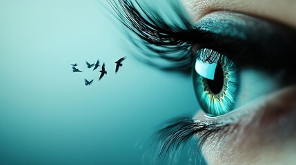   A zoomed-in image of someone's eye with birds flying outside